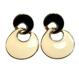 Y2K Pierced earrings mod black & creamy white enamel hoop dangles on goldtone